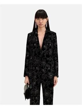 NWT Kooples Black Velvet Straight Cut Blazer with Glitter Floral Print Size 38